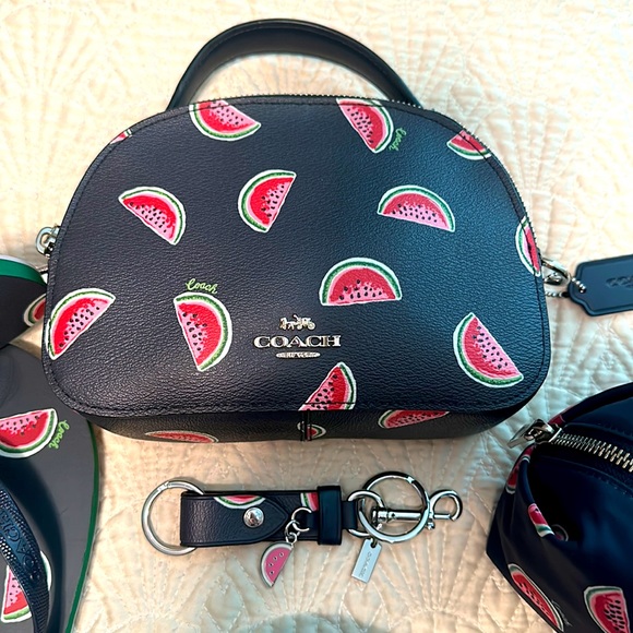 4pc Coach Watermelon Set 🍉 Crossbody Bag, Flops, Cosmetic Bag & Keyfob Rare - Picture 3 of 17